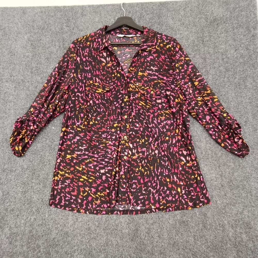 Emily Daniels Shirt Women's XL Black Abstract Splat Animal Print Button Down